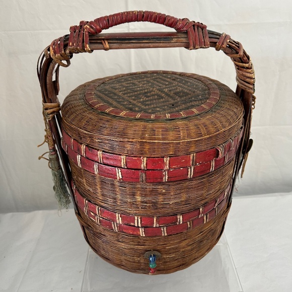 Antique Chinese 1930's Other - VINTAGE Antique Chinese Wedding Basket 2 Tier RARE Top & Wicker & Bamboo Cane